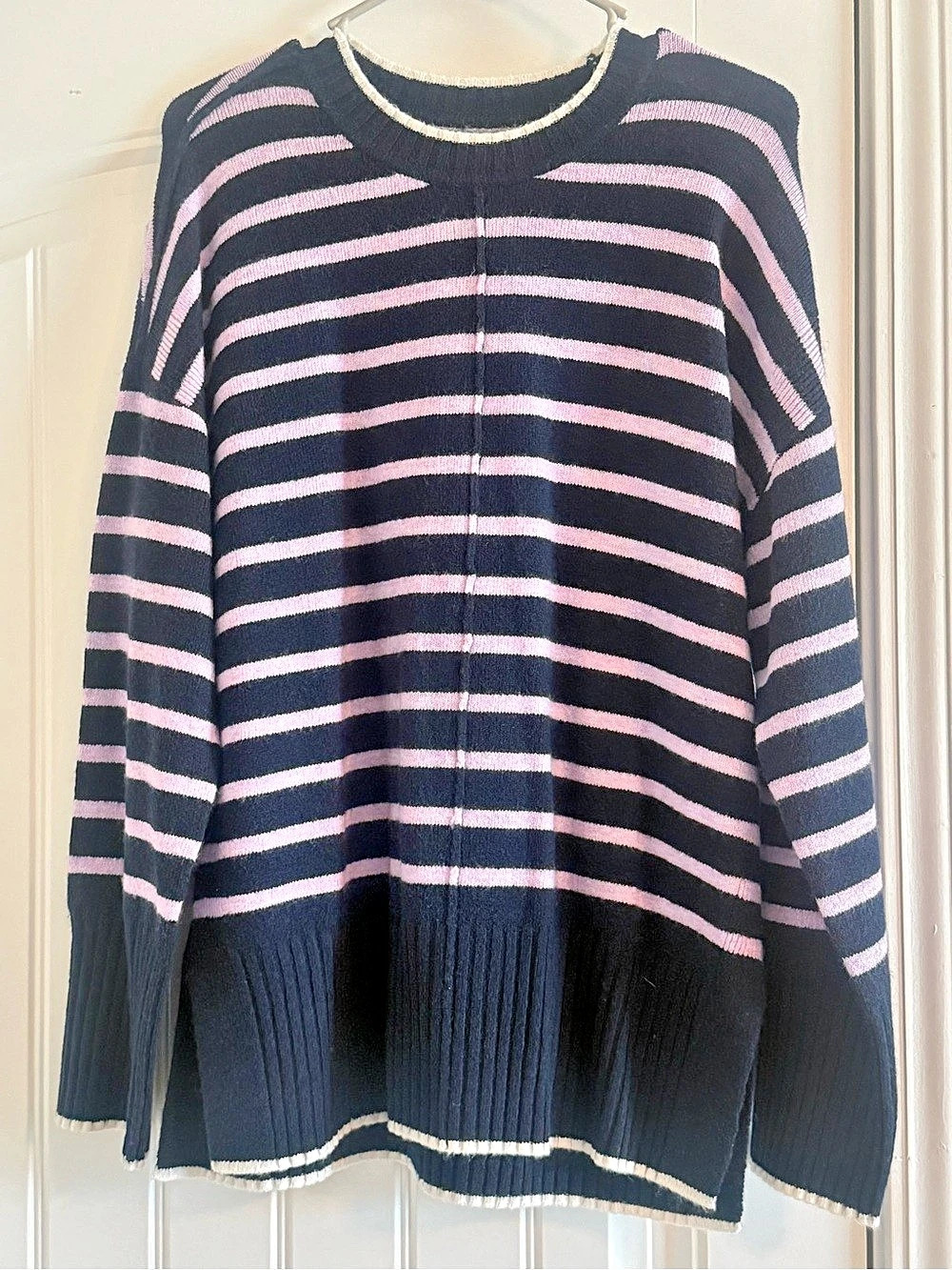 LOFT Striped Crew Neck Sweater in Blue & Pink Size Small Like New
